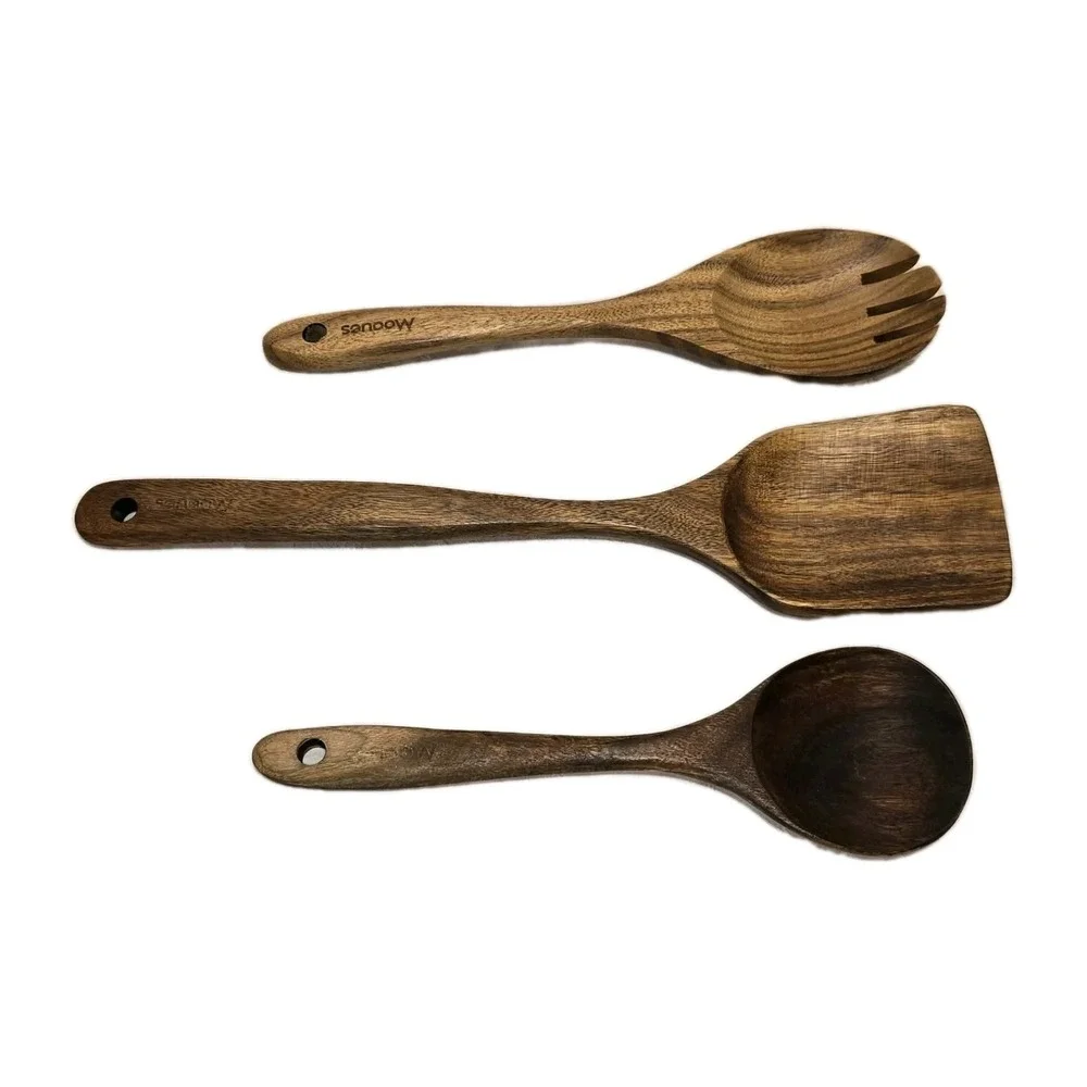 Mooues Acacia Wood Utensil Set w Holder 8pc GUC Rustic Kitchen 🍴